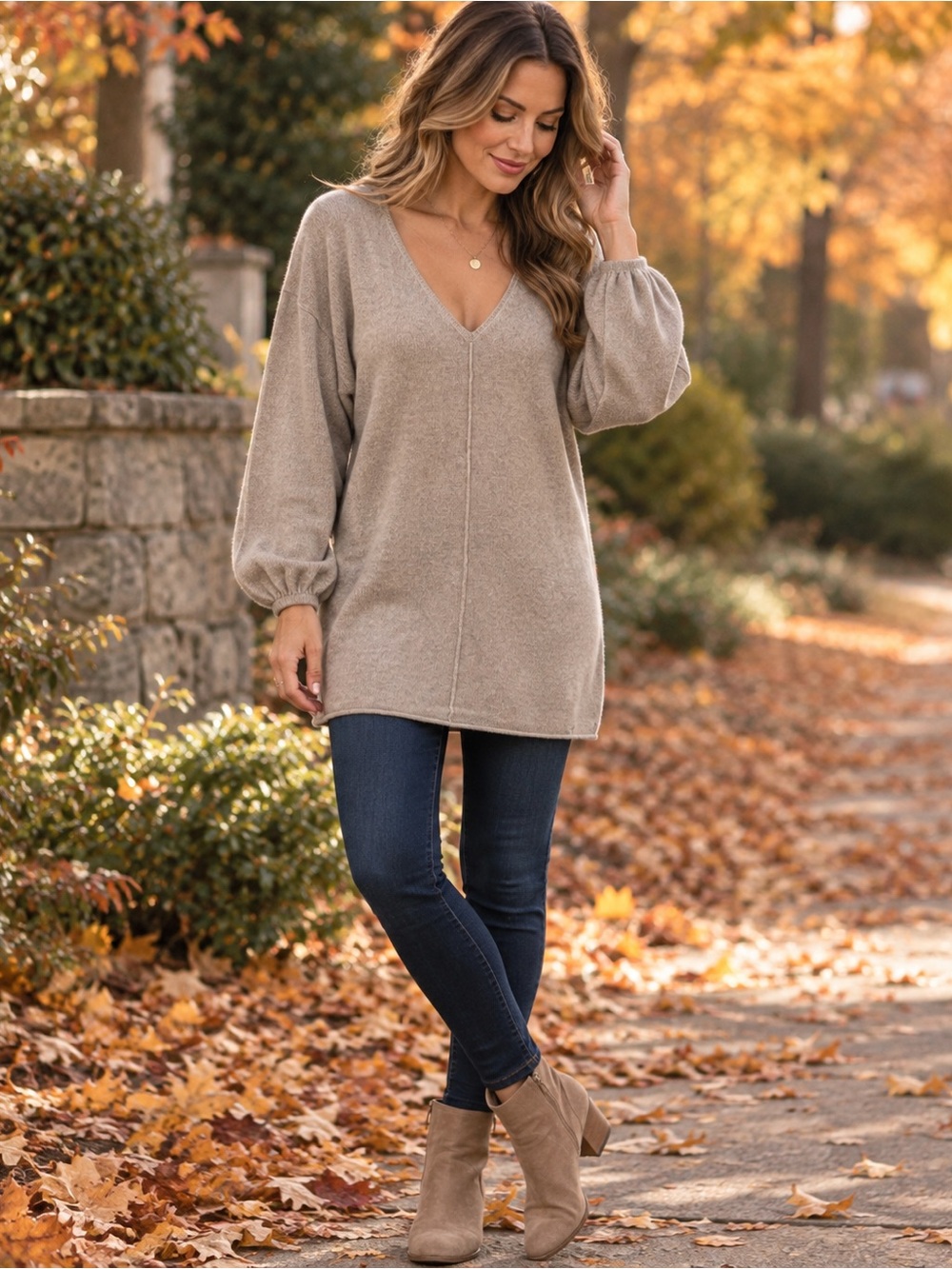 Cashmere Cashmere 100% Cashmere Tunic Sweater Taupe V Neck Balloon Sleeve LARGE